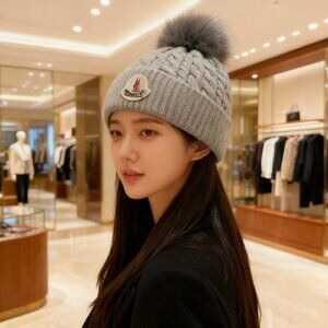 Moncler Gray Knit Hat with Pom Pom